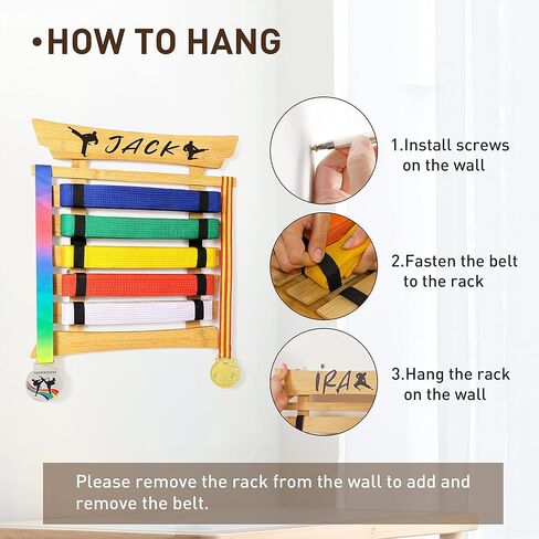 رف عرض حزام الكاراتيه الخيزران، عرض حزام التايكوندو مع ملصقات شخصية، 5 أحزمة عرض حزام الفنون القتالية، لا يتطلب تجميع، حامل تعليق حزام BJJ للأطفال والكبار in Kuwait