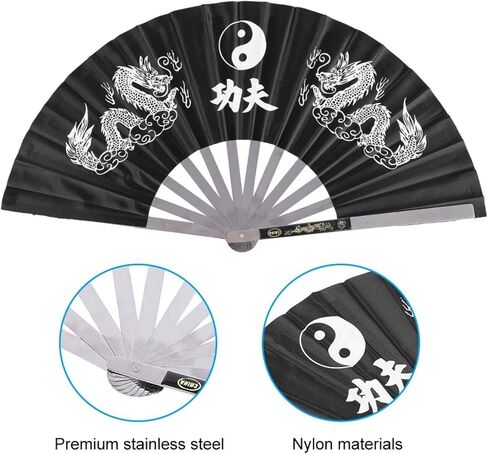 مروحة تاي تشي القتالية من الفولاذ المقاوم للصدأ، مروحة يد كبيرة قابلة للطي للفنون الكونغ فو وأداء التدريب على الرقص للرجال والنساء (أسود) in Kuwait
