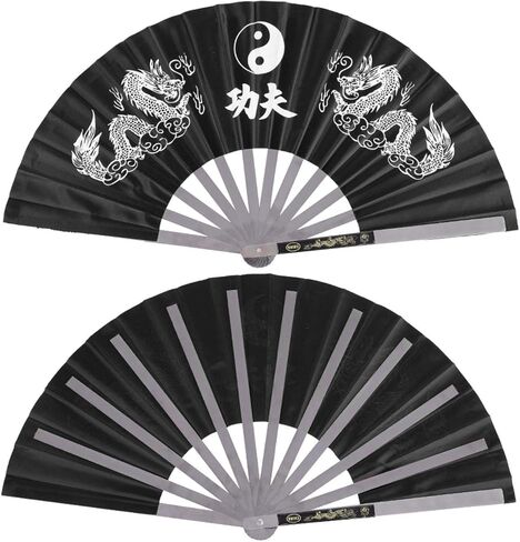 مروحة تاي تشي القتالية من الفولاذ المقاوم للصدأ، مروحة يد كبيرة قابلة للطي للفنون الكونغ فو وأداء التدريب على الرقص للرجال والنساء (أسود) in Kuwait