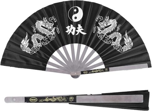 مروحة تاي تشي القتالية من الفولاذ المقاوم للصدأ، مروحة يد كبيرة قابلة للطي للفنون الكونغ فو وأداء التدريب على الرقص للرجال والنساء (أسود) in Kuwait