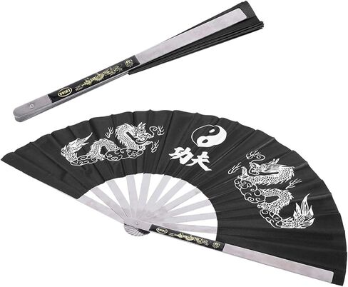 مروحة تاي تشي القتالية من الفولاذ المقاوم للصدأ، مروحة يد كبيرة قابلة للطي للفنون الكونغ فو وأداء التدريب على الرقص للرجال والنساء (أسود) in Kuwait