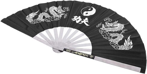 مروحة تاي تشي القتالية من الفولاذ المقاوم للصدأ، مروحة يد كبيرة قابلة للطي للفنون الكونغ فو وأداء التدريب على الرقص للرجال والنساء (أسود) in Kuwait