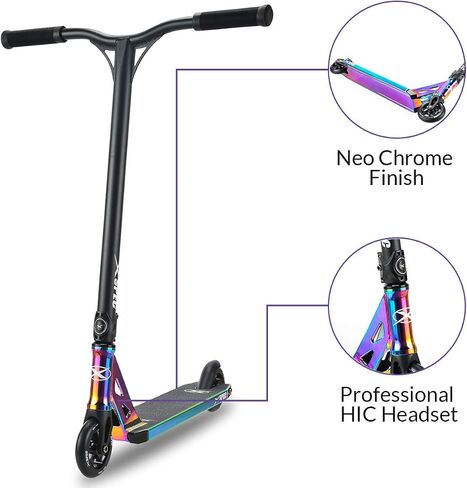 سكوتر Xspec Pro Stunt Kick مع مقاود BMX حرة، وسكوتر خدعة قوس قزح من الكروم الجديد، مع عجلات 110 مم وABEC-7 - (أكسيد نيو كروم أرجواني/أزرق أو أسود غير لامع) in Saudi Arabia
