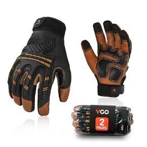 Vgo... Heavy Duty Work Gloves Men,Goat Leather,Water Repellent,Rigger Gloves,Anti-Vibration,Touchscreen (2 Pairs,M,Brown,GA8954)