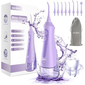Sejoy Water Flossers for Teeth Cleaning, Water Flosser for Teeth Rechargeable Cordless, Electric Portable, 5 Cleaning Modes 8 Jet Tips, IPX7 Waterproof, 230ml, for Travel and Home