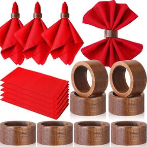 Remerry Fall Thanksgiving Napkins Ring Set of 16 Thanksgiving Cloth Napkins Set of 8 and Wood Napkin Rings Holder Set of 8 for Holiday Party Dinner Table Decorations (Red, Orange, Yellow, Brown)