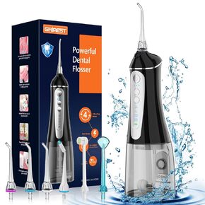 Water Dental flosser for Teeth Cleaning - Rechargeable Cordless Oral Irrigator 4 Modes 6 Tips IPX 7 Waterproof Portable Teeth Cleaner Pick for Home Trave（Green）
