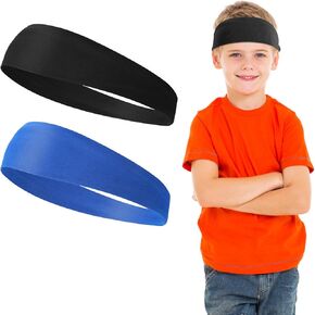 WLLHYF 2 Pieces Kids Sports Headbands Soft Athletic Sweatbands Headband for Girls and Boys Moisture Wicking Elastic Hairband for Toddler Children and Teenagers (Blue/Black)