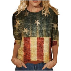 4Th of July Shirts for Women 3/4 Sleeve Plus Size T Shirt Hawaiian Beach Round Neck Soft Cotton Tops