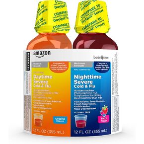 Amazon Basic Care Daytime and Nighttime Max Strength Severe Cold and Flu Relief Medicine, Combo Pack, Liquid Medication for Day and Night, Original and Berry, 24 fl oz (Pack of 1)