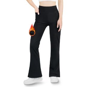 BIG ELEPHANT Girls Fleece Lined Leggings, Youth Winter Warm Athletic Flare Pants with Pockets, Kids Bell Bottoms