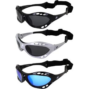 Birdz Eyewear نظارات شمسية مستقطبة مبطنة Seahawk، 3 أزواج مع حزام، الرياضات المائية، ركوب الأمواج، التجديف، Jetski، إطارات فضية وسوداء مع عدسات دخانية وإطار أسود مع عدسات مرآة خضراء