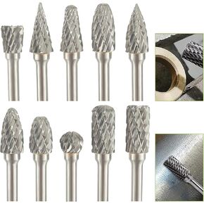 Carbide Rotary Burr Set fit for Dremel 1/8" Shank For Metal Wood Stone Plastic Carving Cutting Cleaning Grinding Engraving (Pack of 10pcs)