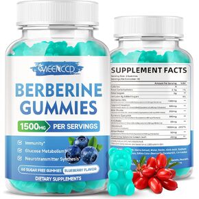 Berberine Gummies with Ceylon Cinnamon 1500mg, High Potency Berberine HCL Supplement, Plus Ceylon Cinnamon, Milk Thistle, Immune System & Metabolism Support, Blueberry Flavor, 60 Cts
