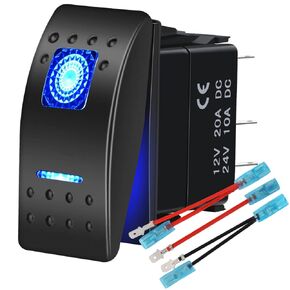 Waterproof Marine Boat Rocker Switch Toggle 12V/20A 24V/10A 5 Pin SPST ON-Off Toggle Switch Blue LED Light, with Jumper Wires Set for Marine Boat Truck Trailer 4x4 Car Caravan RV SUV ATV UTV