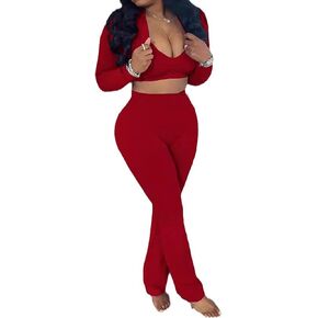 Adogirl Women Fall 3 Piece Outfits Matching Lounge Sets Zipper Jacket Sweatshirt Crop Tank Tops Long Flared Pant Sweatsuit