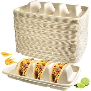 100PCS Disposable Taco Holder for Party，Disposable Taco Plates with 3 Dividers Disposable Taco Holders for Taco Tray Holder, Pulp Fiber Plates Disposable for Taco Tuesday Lazy Susan Taco Bar