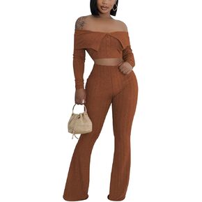 Mintsnow Women Sexy 2 Piece Outfits Sets Off Shoulder Long Sleeve Crop Tops Wide Leg Long Flared Pants Jumpsuit Clubwear