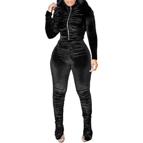 SEMATOMALA Women's Velour 2 Pieces Tracksuit Ruched Zip-Up Hoodies Jacket Stacked Skinny Pants Sexy Club Activewear Outfits