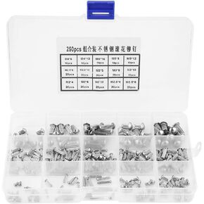 250pcs Solid Rivets Knurled Shanks, Stainless Steel Rivets Round Head Rivet Kit, Nuts Solid Rivets Assortment Kit Set with Storage Box, M2 / M2.5 / M3 / M4 / M5