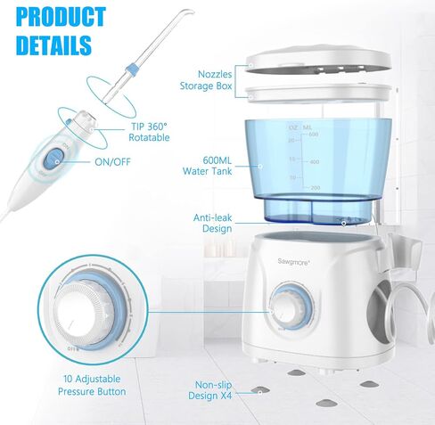 FC166 Water Flosser for Teeth/Braces, 600 ml Large Capacity, 10 Adjustable Pressures,8 Home Nozzles Professional Oral Irrigator for Teeth Clean(White) in Saudi Arabia