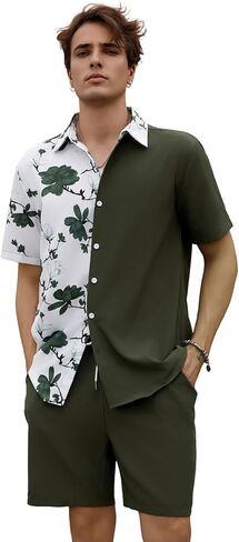 OYOANGLE Men's 2 Piece Vacation Outfits Tropical Hawaiian Button Down Shirt and Shorts Set Dark Grey XX-Large in Kuwait