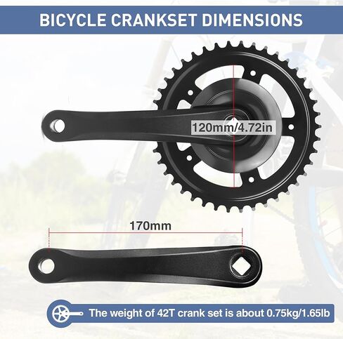Bike Crankset 38T/42T - 170mm Universal Square Crankset Set Charing Crank Set with 170mm Aluminium Alloy Arm for Single/1/6/7/8 Speeds Ladies Bike/Folding Bike/Cruiser Bike/Mountain Bike, Black/Sliver in Kuwait