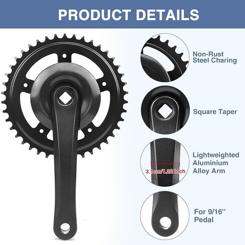 Bike Crankset 38T/42T - 170mm Universal Square Crankset Set Charing Crank Set with 170mm Aluminium Alloy Arm for Single/1/6/7/8 Speeds Ladies Bike/Folding Bike/Cruiser Bike/Mountain Bike, Black/Sliver in Kuwait