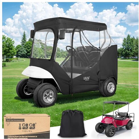 حاوية عربة الجولف 10L0L مناسبة لراكبين EZGO TXT RXV، 600D مقاوم للماء لعربة الجولف المقاومة للثلوج، غطاء دافئ، 2 سحابات للأبواب، نافذة شفافة 4 جوانب و4 خطافات مقاومة للرياح، غطاء مطر لعربة الجولف، أسود in Saudi Arabia