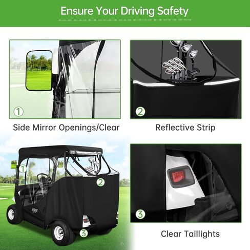 حاوية عربة الجولف 10L0L مناسبة لراكبين EZGO TXT RXV، 600D مقاوم للماء لعربة الجولف المقاومة للثلوج، غطاء دافئ، 2 سحابات للأبواب، نافذة شفافة 4 جوانب و4 خطافات مقاومة للرياح، غطاء مطر لعربة الجولف، أسود in Saudi Arabia