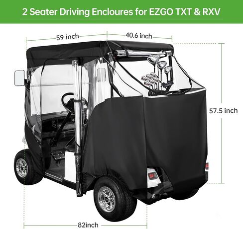 حاوية عربة الجولف 10L0L مناسبة لراكبين EZGO TXT RXV، 600D مقاوم للماء لعربة الجولف المقاومة للثلوج، غطاء دافئ، 2 سحابات للأبواب، نافذة شفافة 4 جوانب و4 خطافات مقاومة للرياح، غطاء مطر لعربة الجولف، أسود in Saudi Arabia