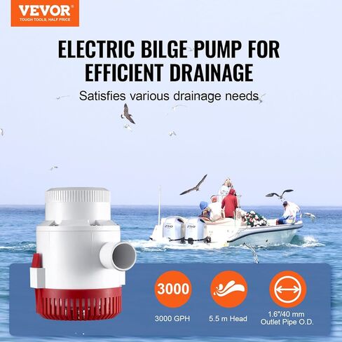 VEVOR 12V Bilge Pump, 3000GPH Automatic Submersible Boat Bilge Water Pump with 1.6" Outlet Diameter Float Switch, Small Boat Bilge Pump Marine Electric Bilge Pump for Boats, Ponds, Pools, Basements in Saudi Arabia