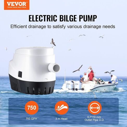 VEVOR 12V Bilge Pump, 3000GPH Automatic Submersible Boat Bilge Water Pump with 1.6" Outlet Diameter Float Switch, Small Boat Bilge Pump Marine Electric Bilge Pump for Boats, Ponds, Pools, Basements in Saudi Arabia