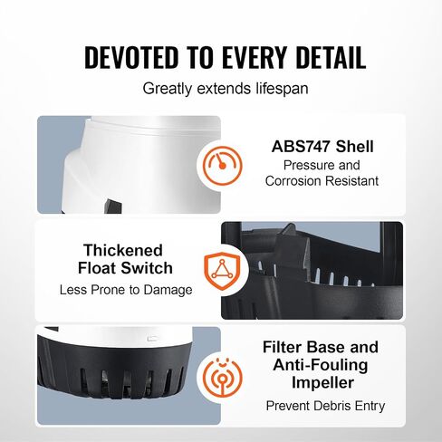 VEVOR 12V Bilge Pump, 3000GPH Automatic Submersible Boat Bilge Water Pump with 1.6" Outlet Diameter Float Switch, Small Boat Bilge Pump Marine Electric Bilge Pump for Boats, Ponds, Pools, Basements in Saudi Arabia