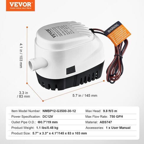 VEVOR 12V Bilge Pump, 3000GPH Automatic Submersible Boat Bilge Water Pump with 1.6" Outlet Diameter Float Switch, Small Boat Bilge Pump Marine Electric Bilge Pump for Boats, Ponds, Pools, Basements in Saudi Arabia