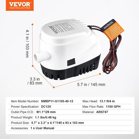vevor 12v مضخة ماء آسن، 3000gph التلقائي مضخة مياه غاطسة قارب آسن مع 1.6 "قطر منفذ تعويم التبديل، قارب صغير مضخة آسن البحرية الكهربائية مضخة آسن للقوارب والبرك وحمامات السباحة والطوابق السفلية in Saudi Arabia