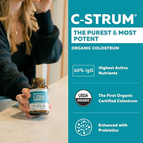 C-Strum® - Organic Colostrum | 60% igG, Max Strength (Immunoglobulins) Plus Organic Inulin Prebiotics | First Milking, From Grass Fed Organic German Dairy Cows – Bovine Colostrum Capsules (90 Count) in Saudi Arabia