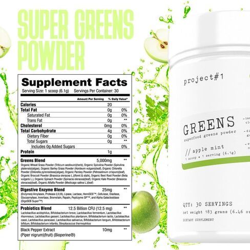Project #1 Vital Greens: Superfood Powder for Immunity, Energy & Digestion | Organic Antioxidants, Enzymes & Probiotics | Greens, Spirulina, Smoothie Mix, Gut Health, 30 Servings - Apple Mint in Saudi Arabia