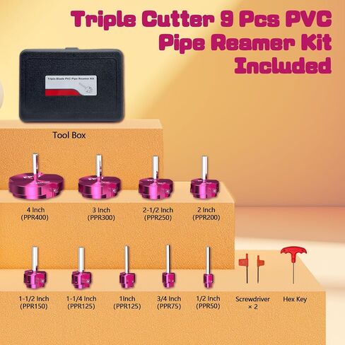 Triple Blade 9Pcs PVC Pipe Reamer Kit, PVC Fitting Saver, Pipe Reamer, PVC Reamer Contains PPR50, PPR75, PPR100, PPR125, PPR150, PPR200, PPR250, PPR300, PPR400 for SCH40 PVC ABS CPVC Pipe in Saudi Arabia