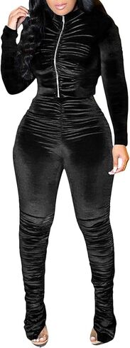 SEMATOMALA Women's Velour 2 Pieces Tracksuit Ruched Zip-Up Hoodies Jacket Stacked Skinny Pants Sexy Club Activewear Outfits in Kuwait