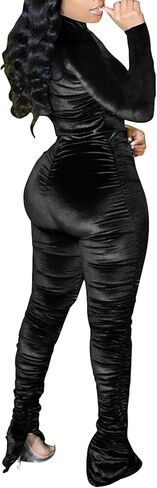 SEMATOMALA Women's Velour 2 Pieces Tracksuit Ruched Zip-Up Hoodies Jacket Stacked Skinny Pants Sexy Club Activewear Outfits in Kuwait