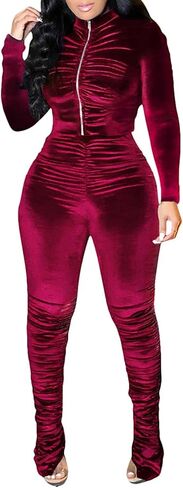 SEMATOMALA Women's Velour 2 Pieces Tracksuit Ruched Zip-Up Hoodies Jacket Stacked Skinny Pants Sexy Club Activewear Outfits in Kuwait