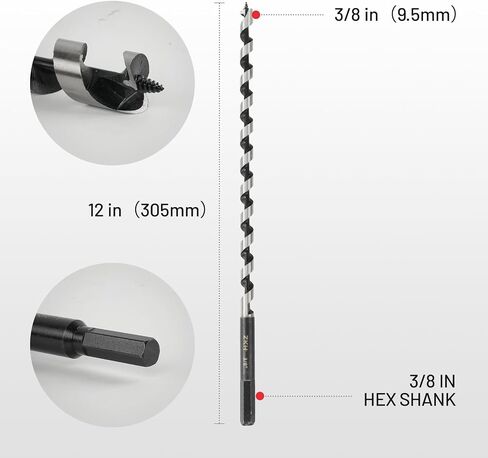 ZKH Auger Drill Bit for Wood, 3/8 x 12 Inch Long Drill Bit with 3/8" Hex Shank, High Carbon Steel Wood Drill Bit with Self-Positioning Tip, Smooth Drilling for Soft and Hardwood, Plastic, Drywall in Saudi Arabia