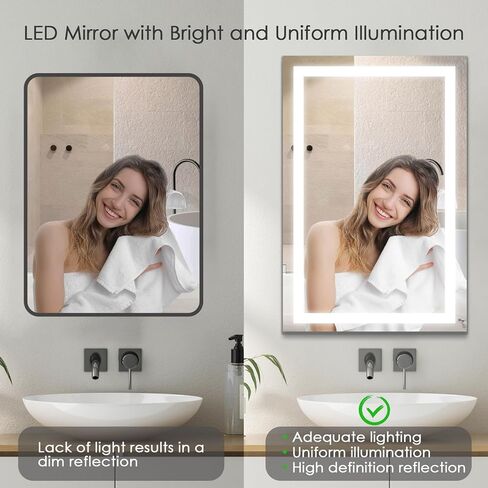 LED Mirror Bathroom Vanity Mirrors, Wall Mounted Anti-Fog LED Makeup Mirror 3000-6000K Adjustable, Memory Dimmable Touch Switch (Vertical & Horizontal) (20x28 inches) in Kuwait