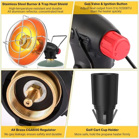 Portable Propane Tent Heater for Camping,9,200BTU Golf Cart Heater with Self Igniter,Outdoor Propane Heater with Golf Cart Cup Holder for EZGO Yamaha Club Car,Most Golf Cart(Fuel not inculded) in Saudi Arabia