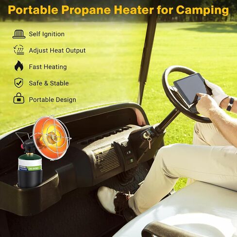 Portable Propane Tent Heater for Camping,9,200BTU Golf Cart Heater with Self Igniter,Outdoor Propane Heater with Golf Cart Cup Holder for EZGO Yamaha Club Car,Most Golf Cart(Fuel not inculded) in Saudi Arabia