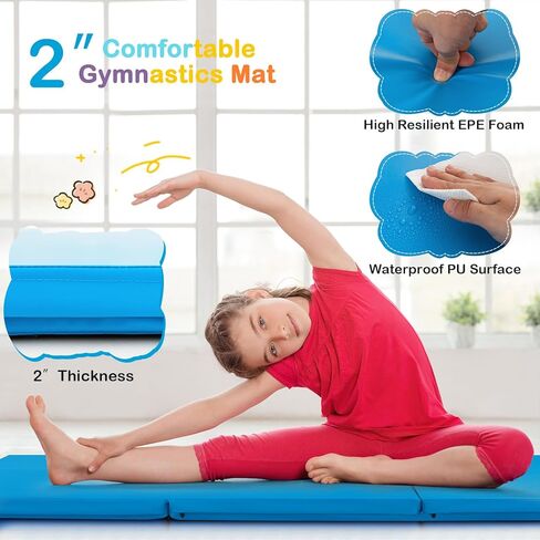 GYMAX Folding Gymnastics Mat, Tri-fold 6’ x 2’ x 2" Exercise Mat with Carrying Handles, Waterproof PU Leather, Hook & Loop Fasteners, Portable Lightweight Tumbling Mat for Yoga Home Gym Fitness in Kuwait