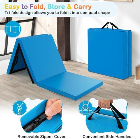 GYMAX Folding Gymnastics Mat, Tri-fold 6’ x 2’ x 2" Exercise Mat with Carrying Handles, Waterproof PU Leather, Hook & Loop Fasteners, Portable Lightweight Tumbling Mat for Yoga Home Gym Fitness in Kuwait