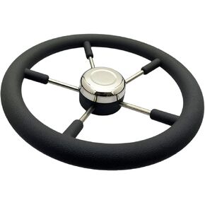 MARINE CITY 316 Grade 13-7/8 inches Stainless Steel 5 Spoke Steering Wheel with Cast Aluminum Hub and Black PU Foam for Boats – Kayaks – Yachts – Marines (Pack of 1)