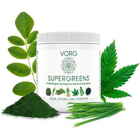 VORG SuperGreens - #1 Green Superfood Powder with Chlorella, Barley Grass, Moringa, Kelp, Spirulina, Wheatgrass - 100% Organic - Probiotics, Fiber & Enzymes (1 Week Supply)